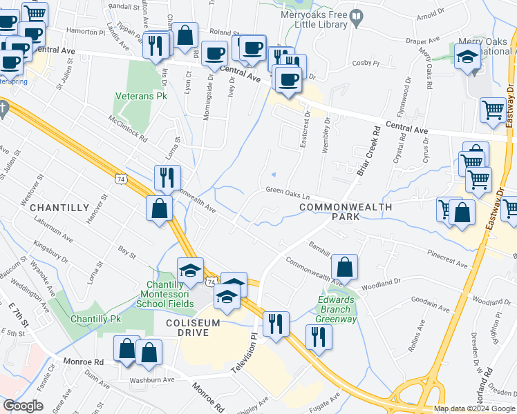 map of restaurants, bars, coffee shops, grocery stores, and more near 1330 Green Oaks Lane in Charlotte