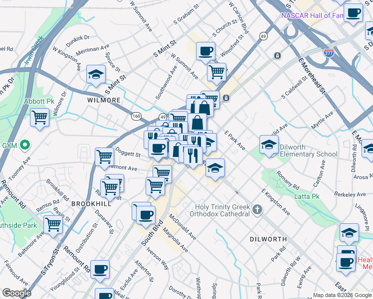 map of restaurants, bars, coffee shops, grocery stores, and more near 110 East Boulevard in Charlotte