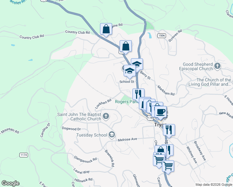 map of restaurants, bars, coffee shops, grocery stores, and more near 34 Lockhart Road in Tryon