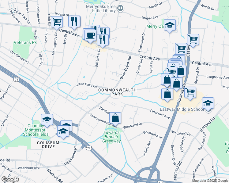 map of restaurants, bars, coffee shops, grocery stores, and more near 1401 Briar Creek Road in Charlotte