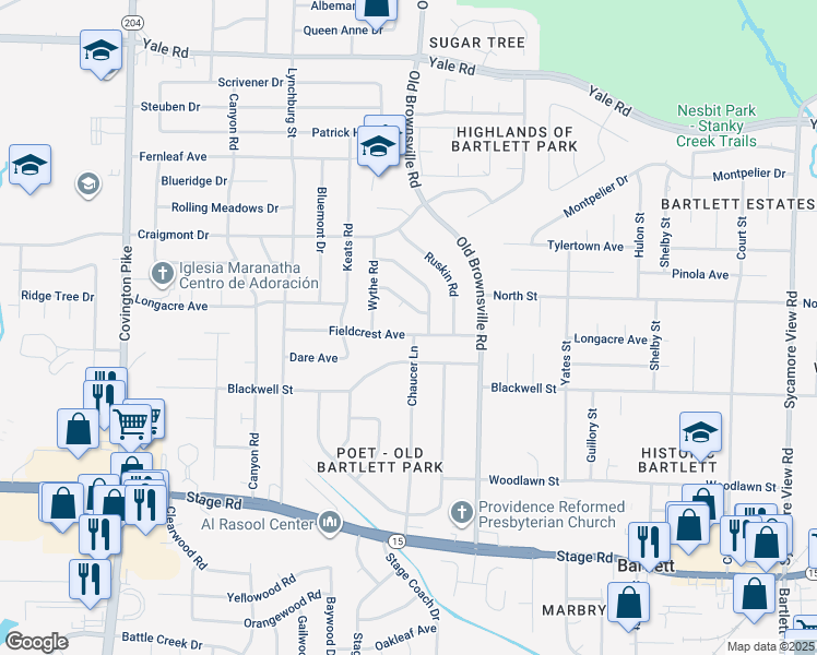 map of restaurants, bars, coffee shops, grocery stores, and more near 5400 Fieldcrest Avenue in Bartlett