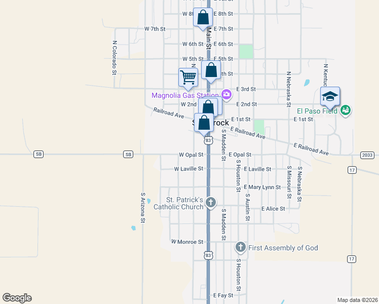 map of restaurants, bars, coffee shops, grocery stores, and more near 107 South Wall Street in Shamrock