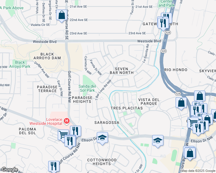 map of restaurants, bars, coffee shops, grocery stores, and more near 4241 Montera Place Northwest in Albuquerque