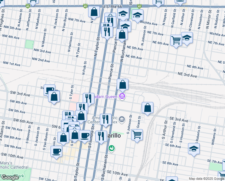 map of restaurants, bars, coffee shops, grocery stores, and more near 101 North Pierce Street in Amarillo
