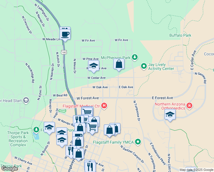 map of restaurants, bars, coffee shops, grocery stores, and more near 24 West Oak Avenue in Flagstaff