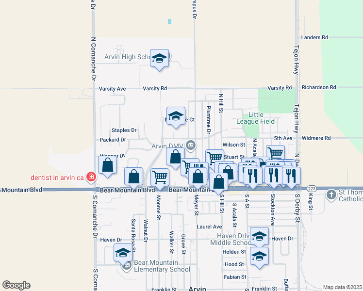 map of restaurants, bars, coffee shops, grocery stores, and more near 901 Nectarine Court in Arvin