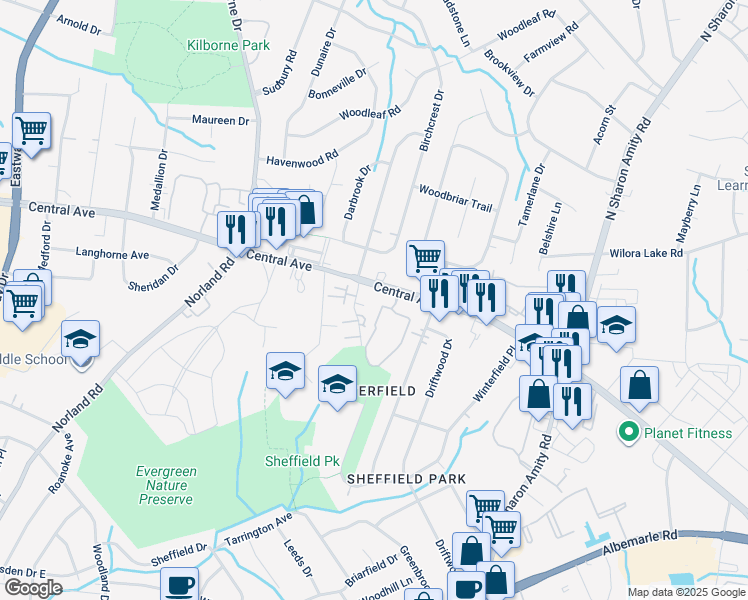map of restaurants, bars, coffee shops, grocery stores, and more near 4600 Central Avenue in Charlotte