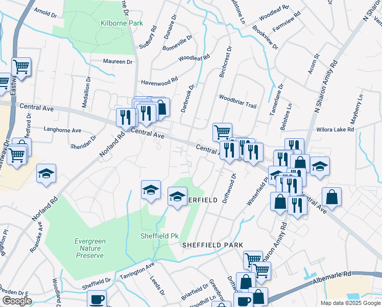 map of restaurants, bars, coffee shops, grocery stores, and more near 4600 Central Avenue in Charlotte