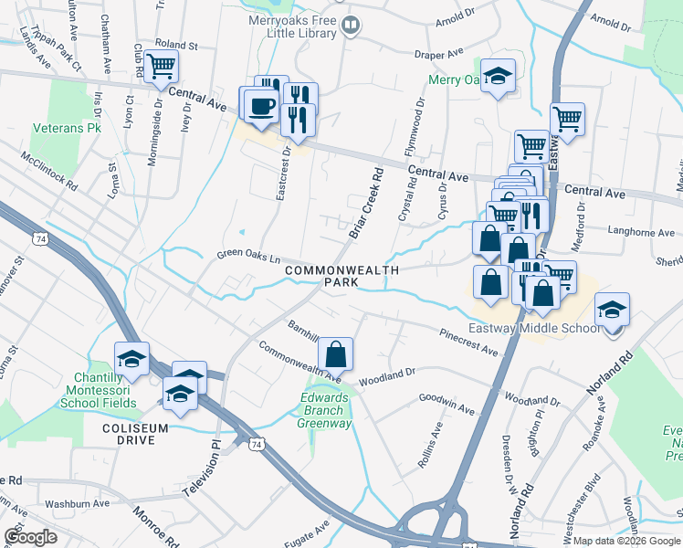 map of restaurants, bars, coffee shops, grocery stores, and more near in Charlotte