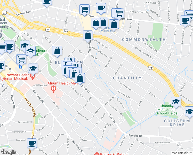 map of restaurants, bars, coffee shops, grocery stores, and more near 2913 Craftsman Lane in Charlotte