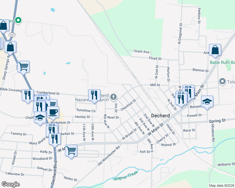 map of restaurants, bars, coffee shops, grocery stores, and more near 98 Pleasant Cove Circle in Decherd