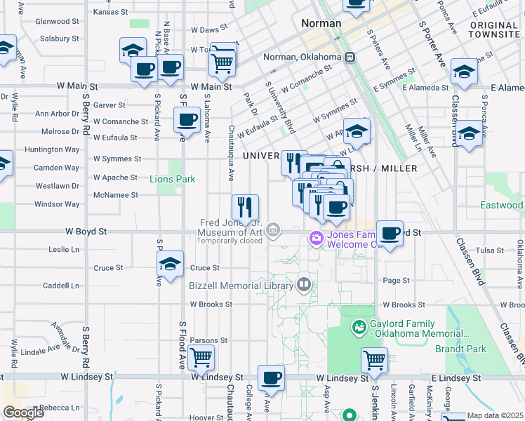 map of restaurants, bars, coffee shops, grocery stores, and more near 465 Elm Avenue in Norman