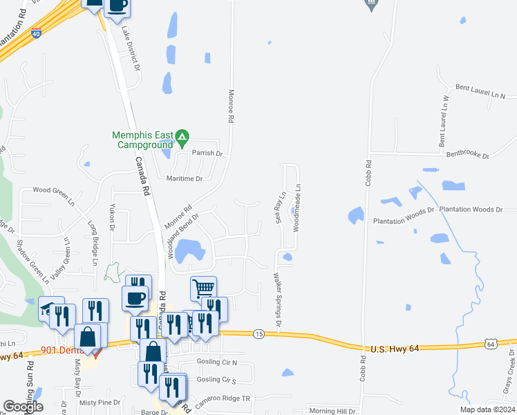 map of restaurants, bars, coffee shops, grocery stores, and more near 10071 Woodland Pine Cove East in Lakeland