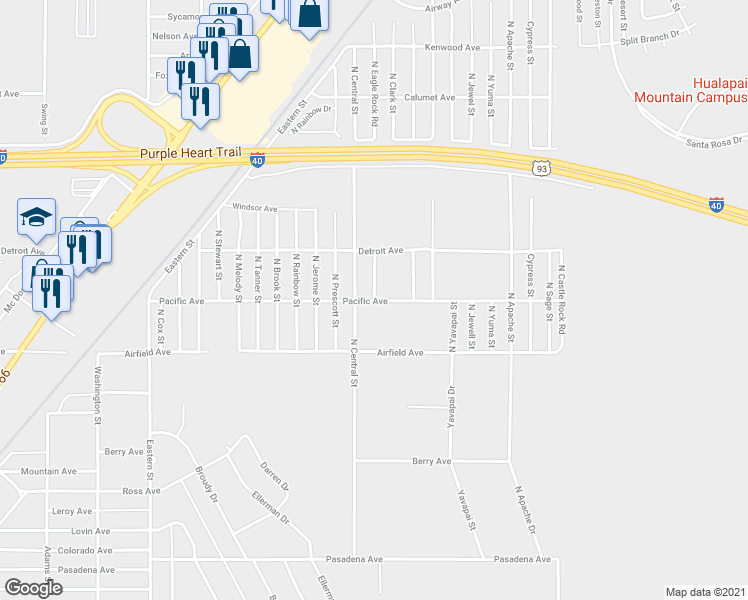 map of restaurants, bars, coffee shops, grocery stores, and more near 3052 North Eagle Rock Road in Kingman