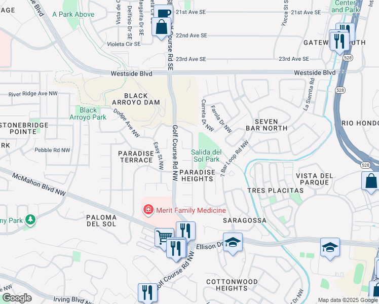 map of restaurants, bars, coffee shops, grocery stores, and more near 10501 Olympic Place Northwest in Albuquerque