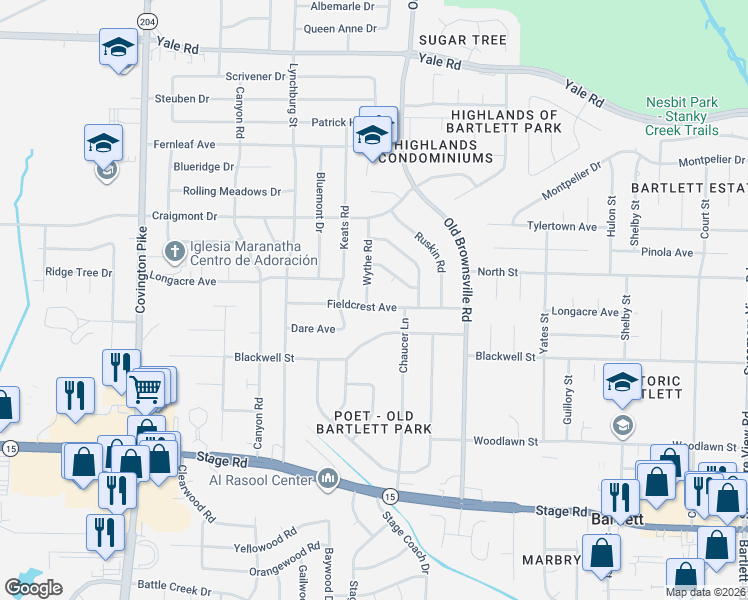 map of restaurants, bars, coffee shops, grocery stores, and more near 3180 Wythe Road in Memphis