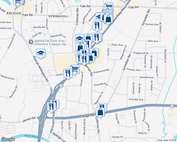 map of restaurants, bars, coffee shops, grocery stores, and more near 3178 Coleman Road in Memphis