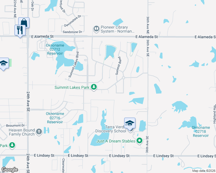 map of restaurants, bars, coffee shops, grocery stores, and more near 3205 Summit Crossing Parkway in Norman