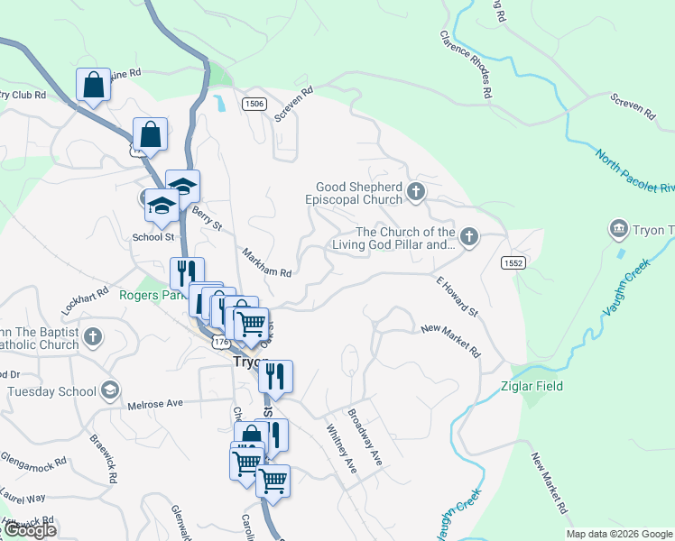 map of restaurants, bars, coffee shops, grocery stores, and more near 214 Cleveland Road in Tryon