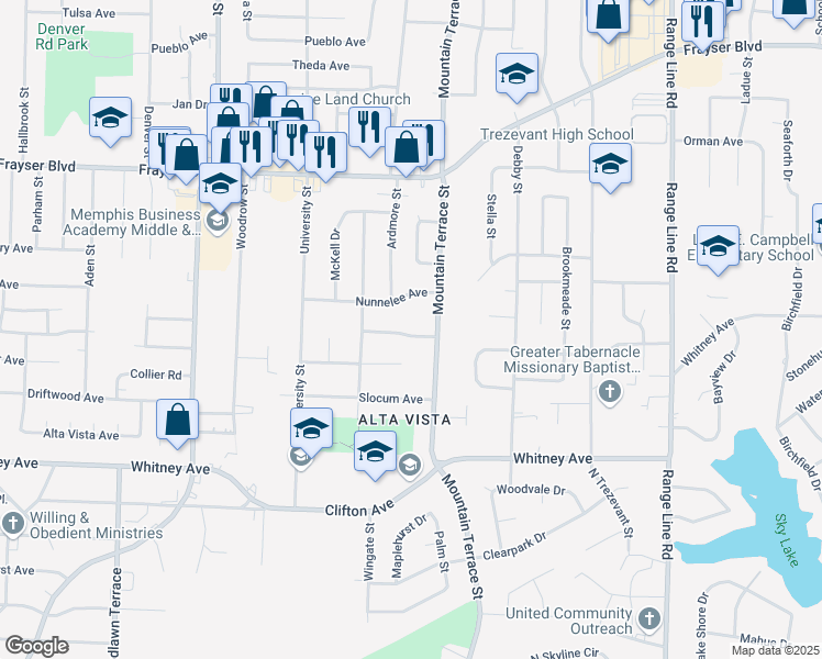 map of restaurants, bars, coffee shops, grocery stores, and more near 3183 Mountain Terrace Street in Memphis