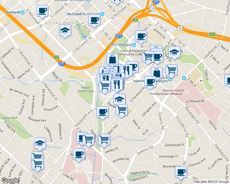 map of restaurants, bars, coffee shops, grocery stores, and more near 343 S Kings Dr in Charlotte