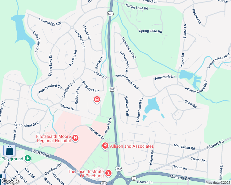 map of restaurants, bars, coffee shops, grocery stores, and more near 153 Sakonnet Trail in Pinehurst
