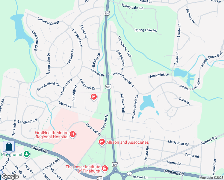 map of restaurants, bars, coffee shops, grocery stores, and more near 153 Sakonnet Trail in Pinehurst