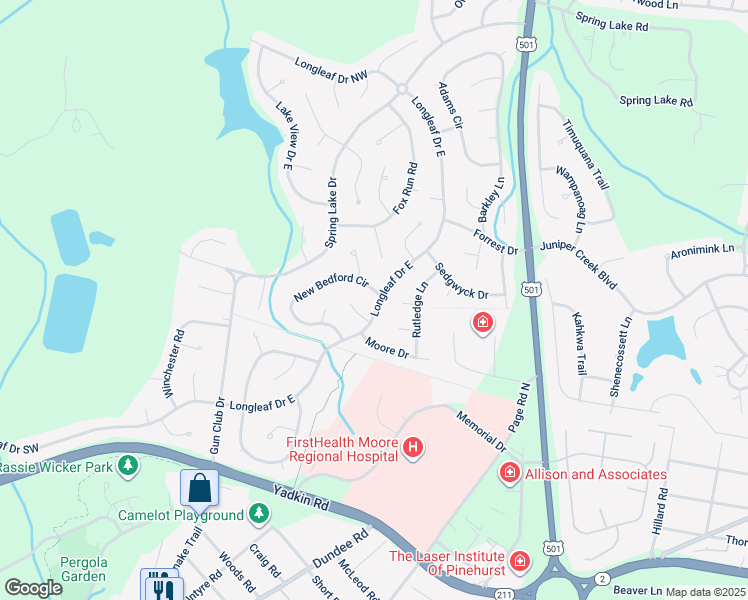 map of restaurants, bars, coffee shops, grocery stores, and more near 4 New Bedford Circle in Pinehurst