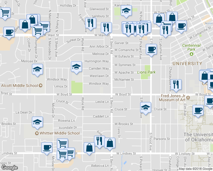 map of restaurants, bars, coffee shops, grocery stores, and more near 1205 Windsor Way in Norman