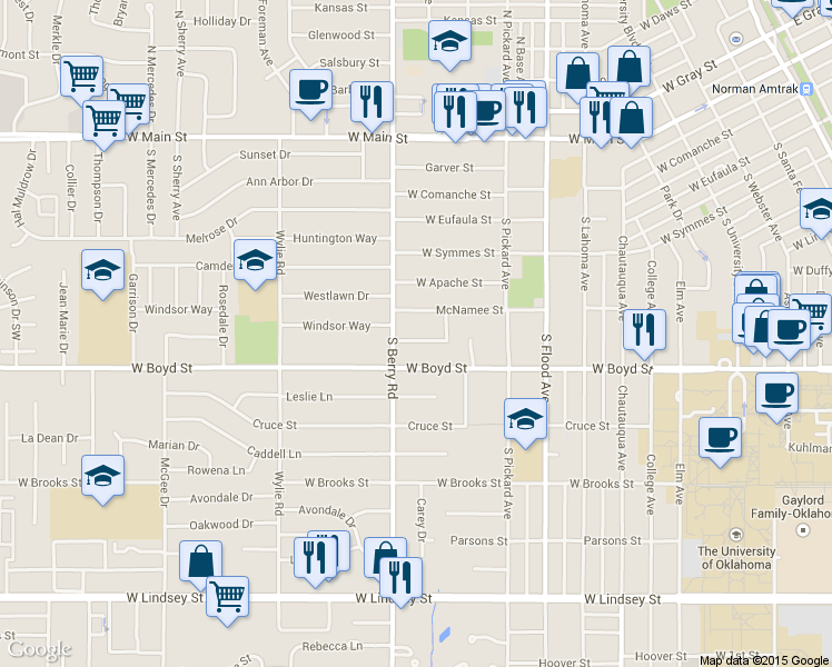 map of restaurants, bars, coffee shops, grocery stores, and more near 1117 Grover Lane in Norman