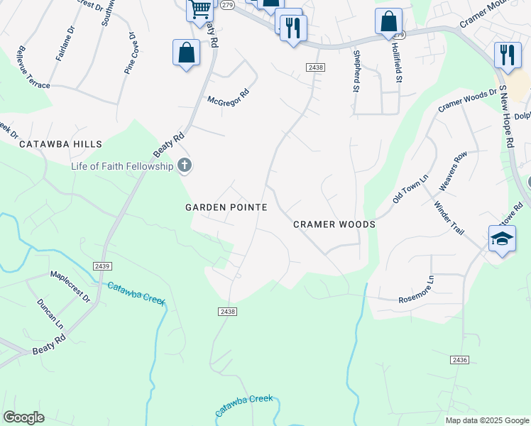 map of restaurants, bars, coffee shops, grocery stores, and more near 300 Huffstetler Road in Gastonia