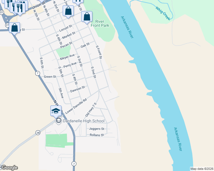 map of restaurants, bars, coffee shops, grocery stores, and more near 618 South Front Street in Dardanelle