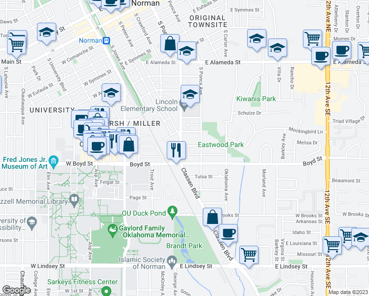 map of restaurants, bars, coffee shops, grocery stores, and more near 406 Macy Street in Norman