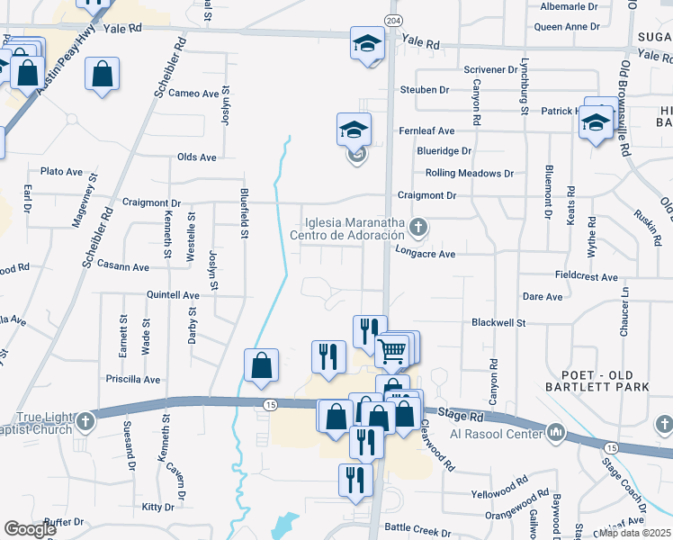 map of restaurants, bars, coffee shops, grocery stores, and more near 3179 Ridge Meadow Cove in Memphis