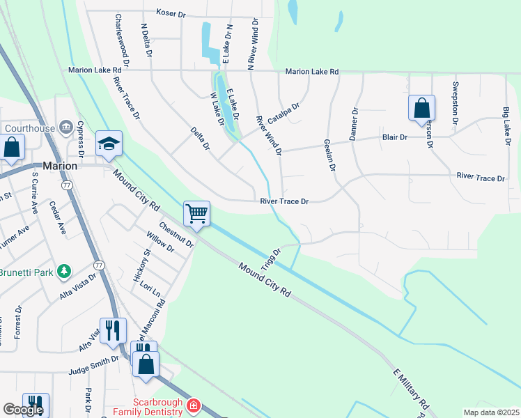 map of restaurants, bars, coffee shops, grocery stores, and more near 250 River Trace Drive in Marion