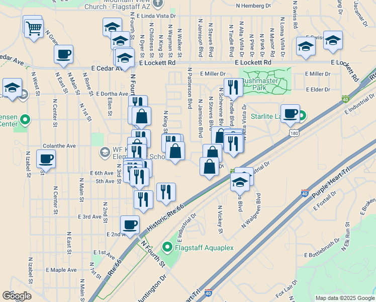 map of restaurants, bars, coffee shops, grocery stores, and more near 2615 North Patterson Boulevard in Flagstaff