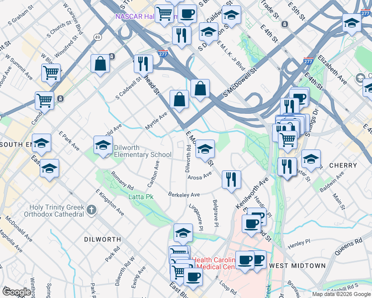 map of restaurants, bars, coffee shops, grocery stores, and more near in Charlotte