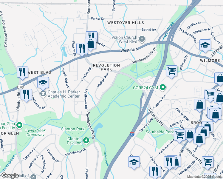 map of restaurants, bars, coffee shops, grocery stores, and more near 2661 Barringer Drive in Charlotte