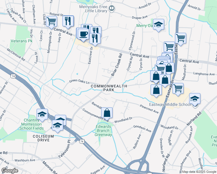map of restaurants, bars, coffee shops, grocery stores, and more near 1401 Briar Creek Road in Charlotte