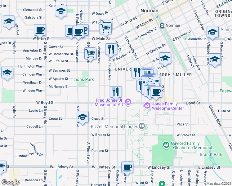 map of restaurants, bars, coffee shops, grocery stores, and more near 464 College Avenue in Norman