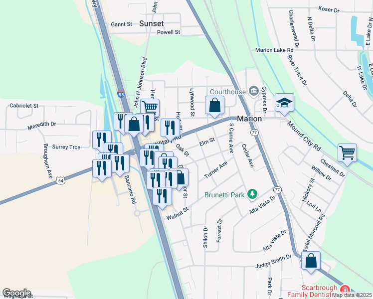 map of restaurants, bars, coffee shops, grocery stores, and more near 168 Elm Street in Marion