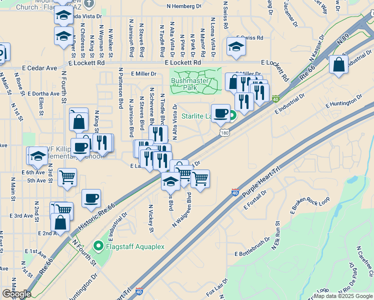 map of restaurants, bars, coffee shops, grocery stores, and more near 3023 East Lewis Drive in Flagstaff