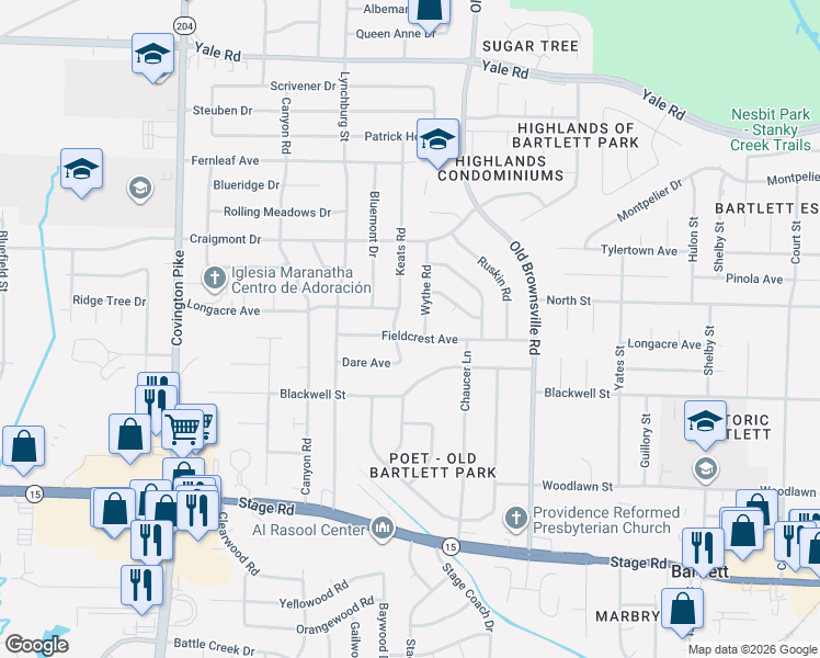 map of restaurants, bars, coffee shops, grocery stores, and more near 3181 Keats Road in Memphis