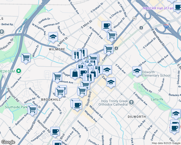 map of restaurants, bars, coffee shops, grocery stores, and more near 100 West Worthington Avenue in Charlotte