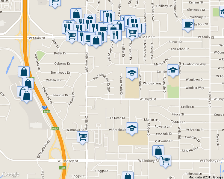 map of restaurants, bars, coffee shops, grocery stores, and more near 2124 Henderson Ct in Norman
