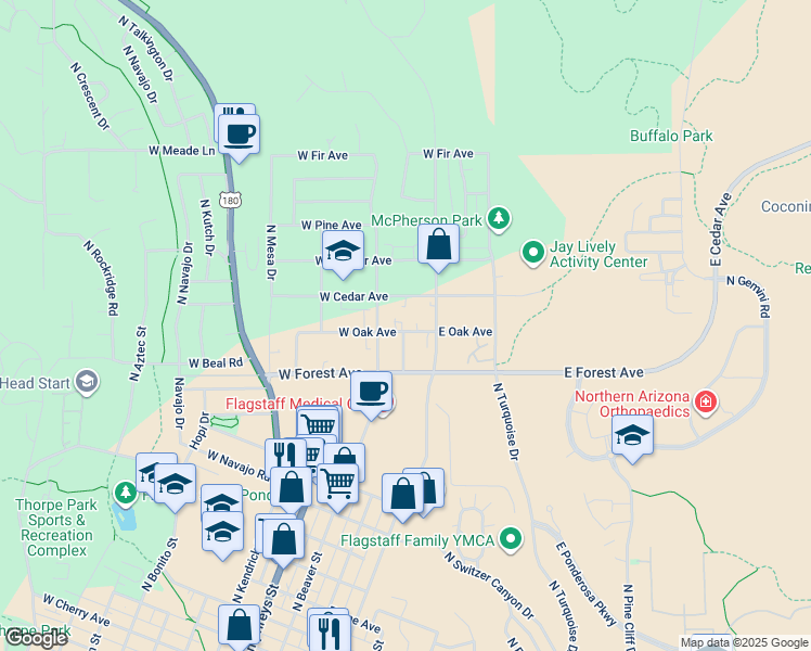 map of restaurants, bars, coffee shops, grocery stores, and more near 24 West Oak Avenue in Flagstaff