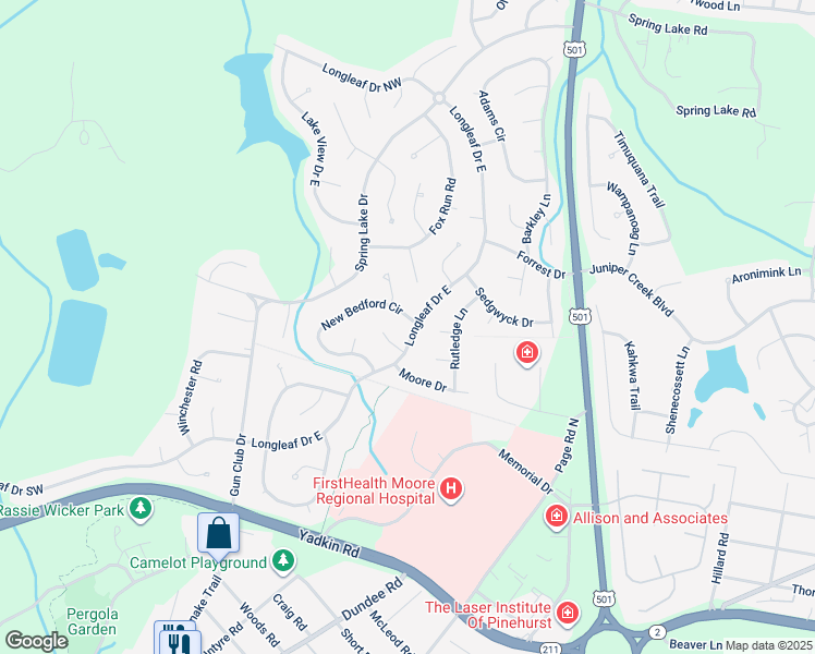 map of restaurants, bars, coffee shops, grocery stores, and more near 4 New Bedford Circle in Pinehurst