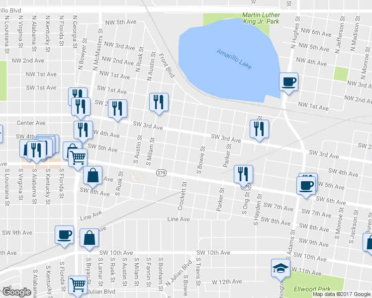 map of restaurants, bars, coffee shops, grocery stores, and more near 400 Crockett Street in Amarillo