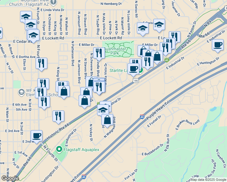 map of restaurants, bars, coffee shops, grocery stores, and more near 3023 East Lewis Drive in Flagstaff