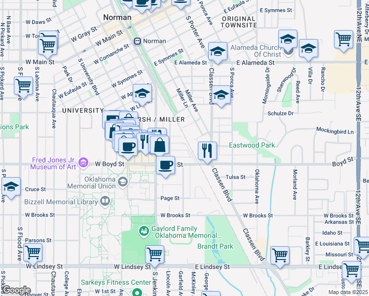 map of restaurants, bars, coffee shops, grocery stores, and more near 227 McCullough Street in Norman